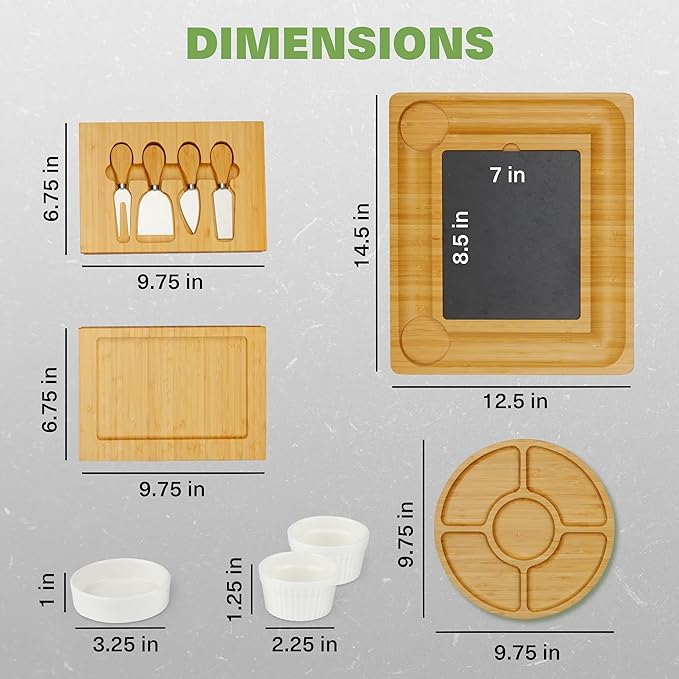 Charcuterie Board Gift Set, Expandable Bamboo Cheese Board with Stainless Steel Serving Utensils, Ceramic Bowls, Appetizer and Serving Trays, Utensil Trays - Housewarming 2 Drawers