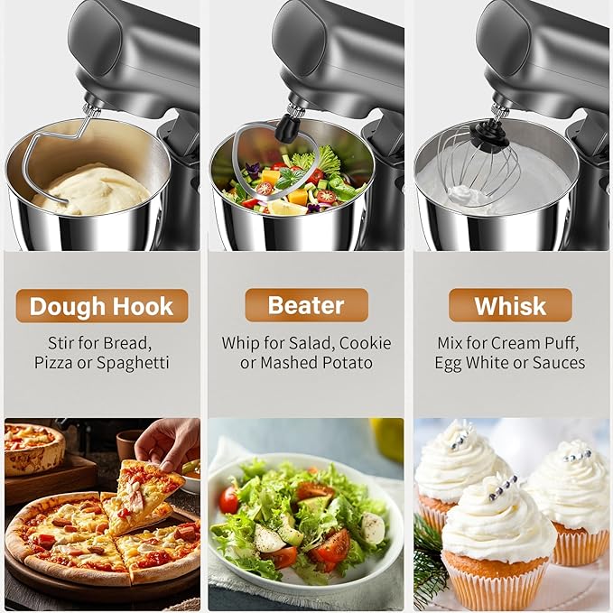 Stand Mixer with 3QT+3.5QT Dual Bowls, 10-Speed Electric 300W Food Mixer - Includes Egg Whisk, Dough Hook & Flat Beater for Home Baking & Daily Cooking (GraySilver)