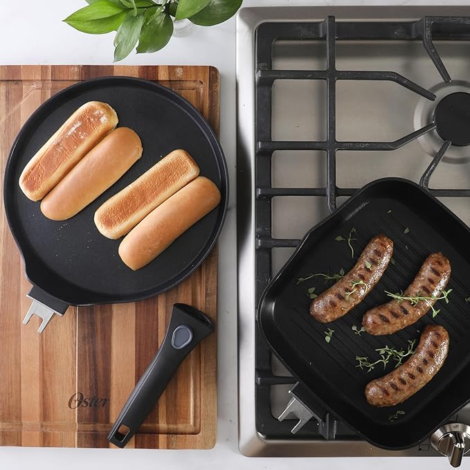Oster SmartHandle 2-Piece Fry Pan & Pancake Pan Set – Nonstick Cookware with Removable Handle, Oven & Dishwasher Safe, Space-Saving Design