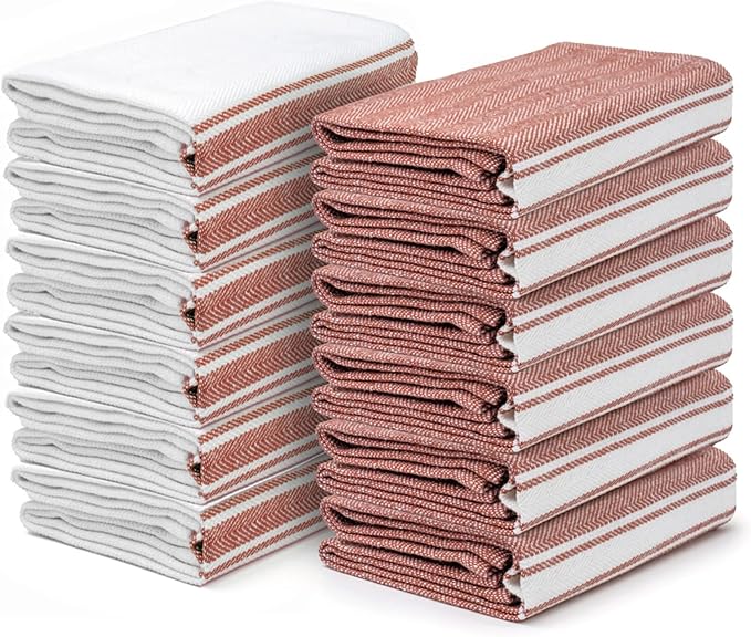 Salt Earth Kitchen Towels Cotton Dish Towel Size 24x14 Inches Set of 12 100% Ring Spun Cotton Absorbent Quick Dry Herringbone Weave Lint Free Washable Dishcloth Hanging Loop Color White & Red Stripe