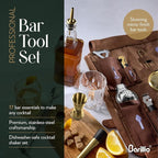 Barillio Bartender Kit Bag with Gold Cocktail Shaker Set - Waxed Canvas, Traveling Bar Tools Bag with 17-Pc Cocktail Kit - Travel Mixology Bartending Kits - Mobile Bar Roll with Strap & Accessories