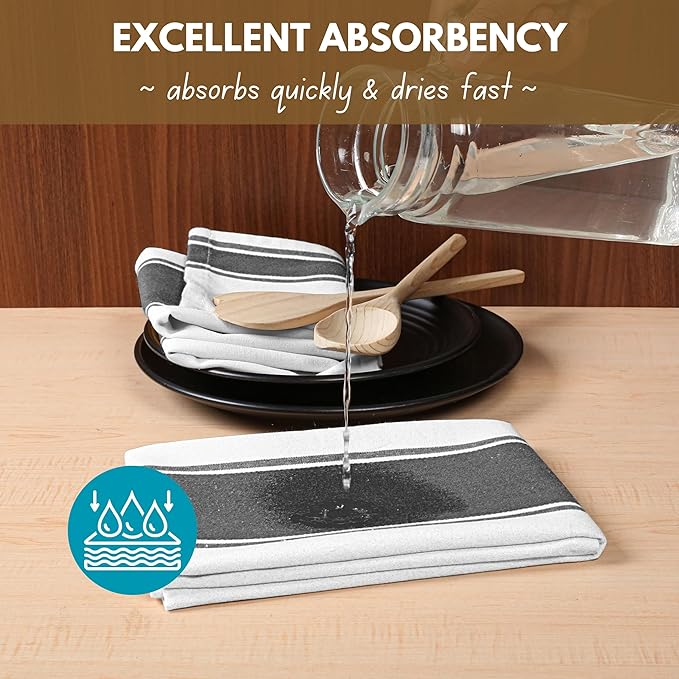 Native Fab Gray Kitchen Dish Towels 18x28 Inch, Set of 4, Wide Stripe, Super Absorbent, Fast Dry, Soft, 100% Cotton Towels for Wiping Hands, Drying Dishes, Cleaning Spills Dish Cloths Set - Grey