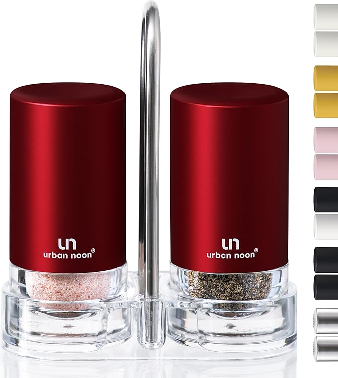 Signature Red Burgundy Salt and Pepper Shakers with Holder - Elegant Stainless Steel Salt Shaker and Pepper Shaker Set with Acrylic Holder for Kitchen Counter or Restaurant Table (2-Piece Set)