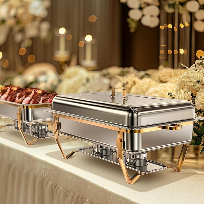 Gold Chafing Dishes for Buffet (9QT, 4 Pack) - Easy Assembly, Food-Grade Stainless Steel Chafers for Catering w/Rolled Edge Design, Foldable Frame, for Party, Banquet (Full Size Food Pan)