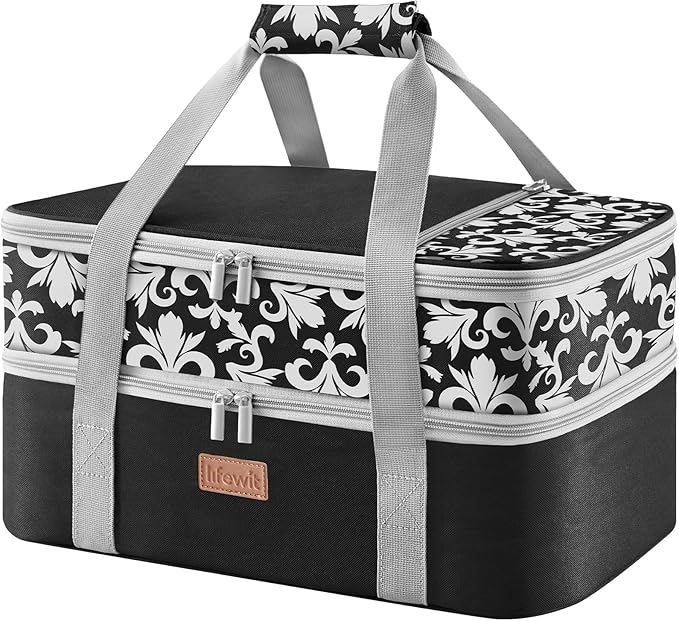 Lifewit Double Decker Casserole Carrier for Hot or Cold Food, Insulated Casserole Baking Dish Bag Food Carrier, Lasagna Holder for Potluck/Parties/Picnic/Cookouts, Fits 9"x13" Baking Dish, Black