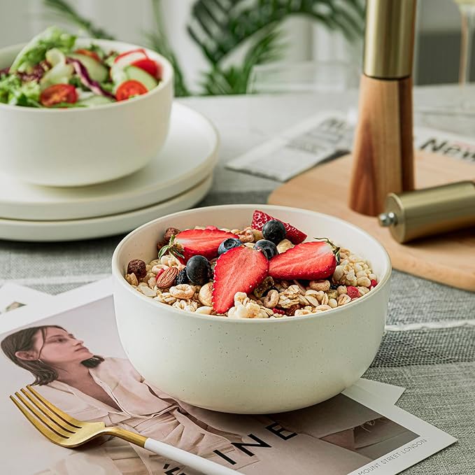 S&Q'S CERAMICS S&Q Ceramic Bowls for Kitchen, 36 Ounce, Large Capacity Cereal Bowls Set of 4, For Soup, Oatmeal, Breakfast, Microwave and Dishwasher Safe, Glazed Matte Off White…