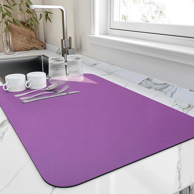 Dish Drying Mat for Kitchen Counter, Heat Resistant Drainer Mats with Non-slip Rubber Backed, Hide Stain Kitchen Super Absorbent Draining Mat, Easy to Clean Dish Rack Pad, Purple 18"x24"