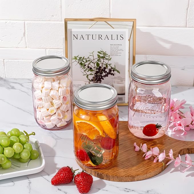 WELLIFE Pink Mason Jars 32 oz,9 Pack Wide Mouth Mason Jars for Safe Storage,Fermenting,Pickling,DIY,Crafts Decoration