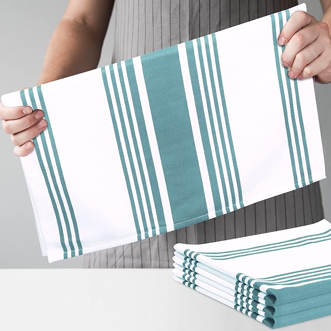 Urban Villa Kitchen Towels 100% Cotton Pack of 3, Highly Absorbent Quick Drying Super Soft Premium Dish Towels 20x30 Inch for Kitchen with Hanging Loop Hand & Tea Towels - Aqua/White