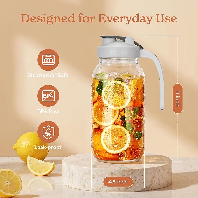 SMIRLY 64 oz Mason Jar Pitcher,Glass Pitcher with Wide Mouth,Water Jug with Double Leak Proof Lid for Iced Coffee,Hot Water,Breast Milk