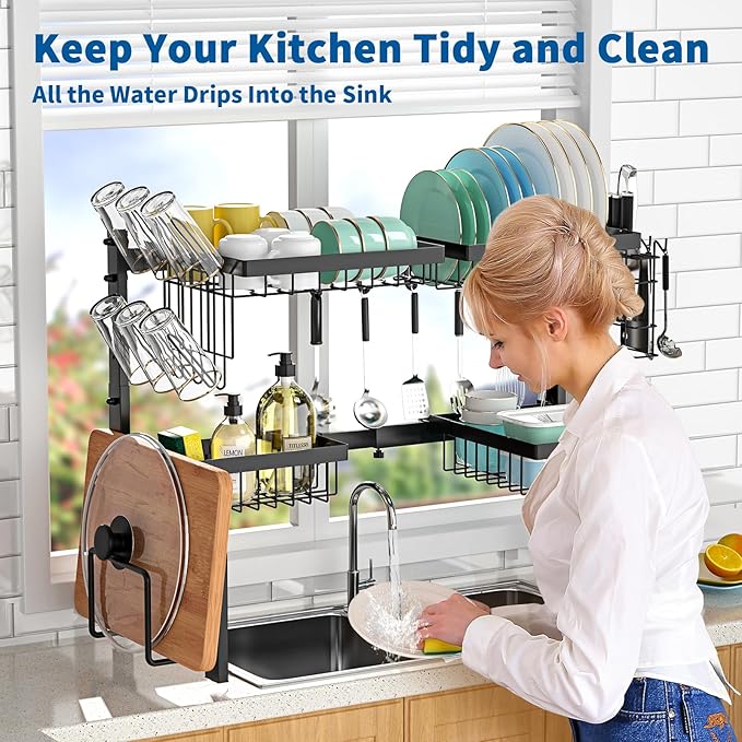 Over The Sink Dish Drying Rack,Expandable 2-Tier Stainless Steel Over The Sink Dish Rack with Utensil Holder Dish Drainers for Kitchen Counter