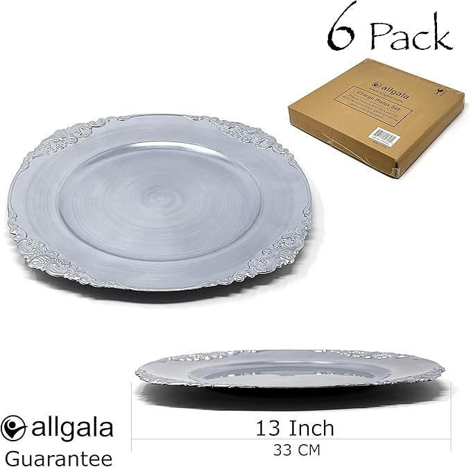 Allgala Heavy Quality Round Charger Plates - Set for Table Decor - Ideal for Weddings, Thanksgiving Parties & Holidays - Floral Silver (13-Inch 6-Pack)