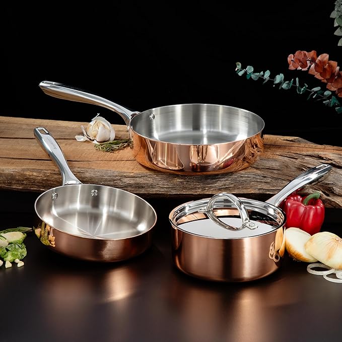 BergHOFF Copper Tri-Ply Cookware Set, Non-reactive 18/10 Stainless Steel, Fast, Evenly Heat, Gold Coated (4Pc-Polished)