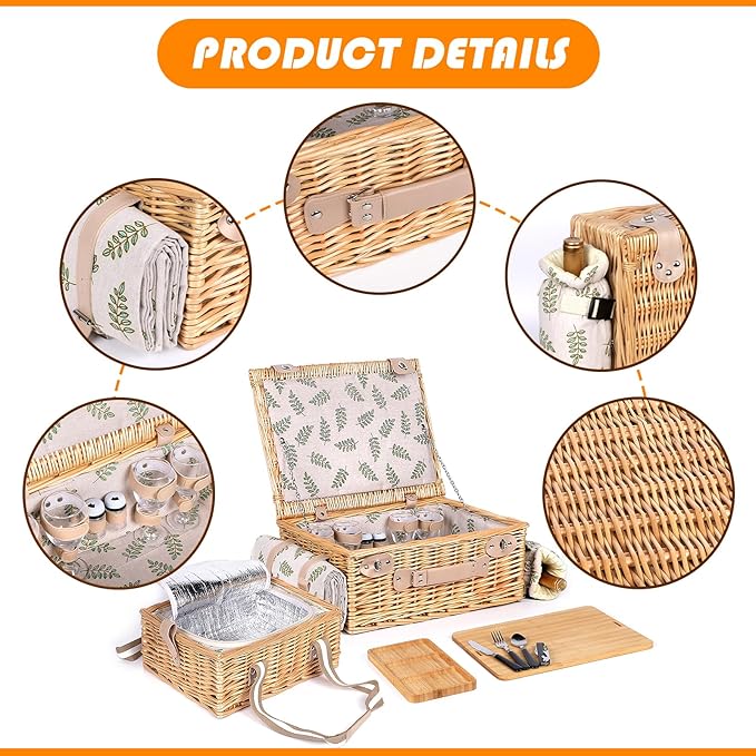 Hap Tim Dual Wicker Picnic Basket Set with Blanket Charcuterie Boards for 2/4/6 - Unique Gifts Ideas for Couple, Engagement, Wedding, Bridal Shower, Family, Christmas - White Elephant Gifts for Adults
