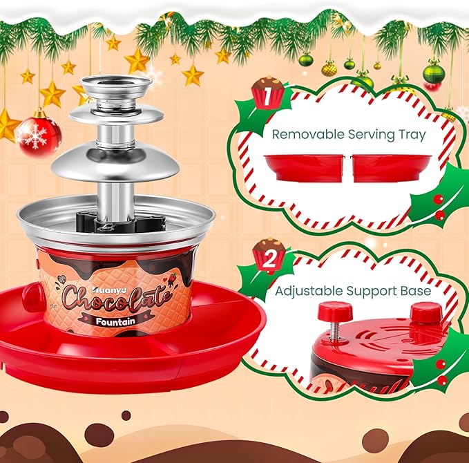 Huanyu 3-Tier Mini Chocolate Fountain Machine 10 Bamboo Skewers Removable Serving Tray 16-Ounce Chocolate Fondue Fountain for Party Birthday Wedding Chocolate Nacho Cheese BBQ Sauce Liqueurs (Red)