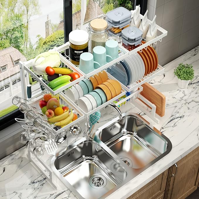 PUSDON Over Sink Dish Drying Rack Stainless Steel, Adjustable Large Dish Drainer for Storage Kitchen Organization White 3 Tier - Standard(34"-46")