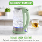 GreenLife 1.7 Liter Glass Electric Kettle, Easy One Touch Use, Quick Heating, Filtered Spout, LED Base, Auto Shut-Off, Cordless Serving, Coffee and Tea, Sage Green