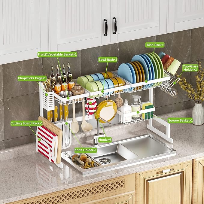 PUSDON Over Sink Dish Drying Rack Stainless Steel, Adjustable Large Dish Drainer for Storage Kitchen Organization White 2 Tier - Standard(26"-38")