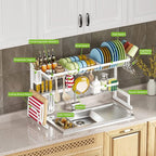 PUSDON Over Sink Dish Drying Rack Stainless Steel, Adjustable Large Dish Drainer for Storage Kitchen Organization White 2 Tier - Standard(26"-38")