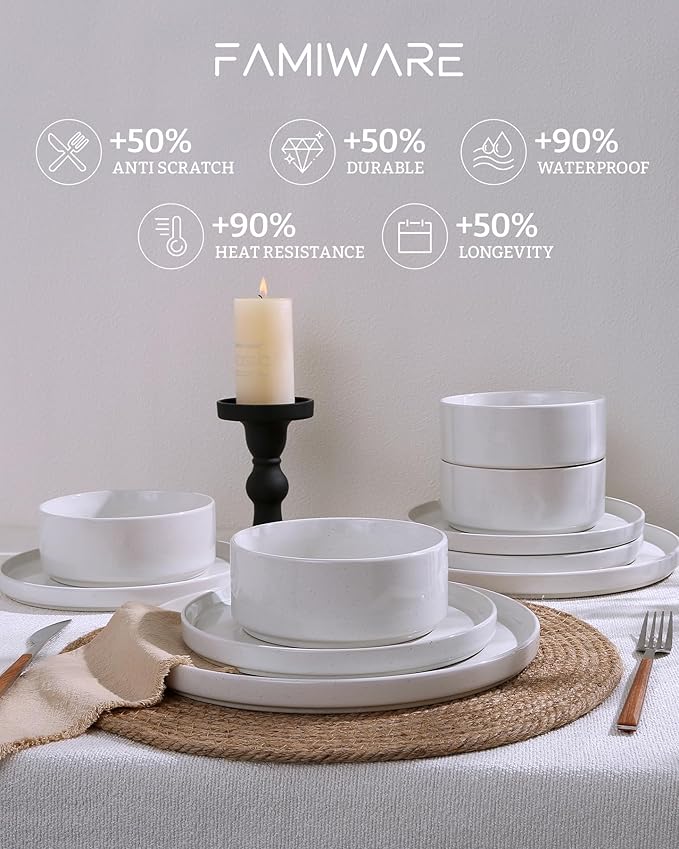 Famiware Nebula Dinnerware Set with Pasta Bowls, Service for 4 (16pcs), Fine Stoneware Plates and Bowls Sets, Microwave and Dishwasher Safe Dishes Set, White