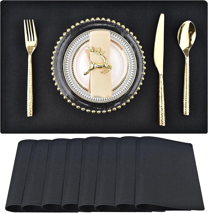 Black Cloth Placemats Set of 8 - Double Thickened Easy to Clean Linen Style Fabric Placemats - Machine Washable Placemats - Heat Resistant Non-Slip Table Mats (Black, 8)