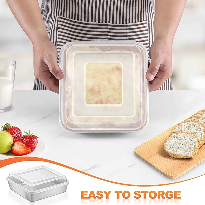 Herogo Baking Pan with Lid, 9''x 9'' Stainless Steel Nonstick Square Deep Cake Pan, Rectangle Cakes Bakeware for Brownies Casseroles, Non Toxic & Dishwasher Safe, Set of 2