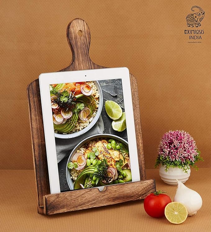 Wedding Gifts Wooden Cookbook Stand for Kitchen Counter Recipie Book Holder for Cooking, Solid Wood Chopping Board Style Foldable and Durable Recipe Holder for Tablets and Cookbooks (Brown)