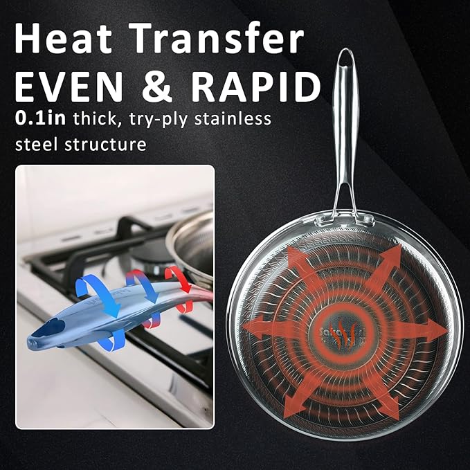 9.5" Non Stick Frying Pans, Hybrid Ceramic Stainless Steel Pan, Skillet with Stay-Cool Handle, Non Toxic, PFAS PFOA PTFE Free, Dishwasher & Oven Safe, Induction, Compatible with All Cooktops