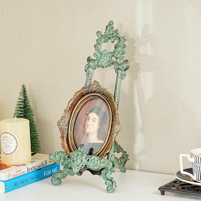 Sungmor Vintage Cast Iron Cookbook Stand, Small Ornate Easel Fleur De Lis Stand, 15.5" Tall Antique Green Table Top Display Holder for Recipe Book, Picture Frame, Plate, Home Kitchen Decor