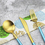 Gugrida 20-Piece 18/10 Stainless Steel Flatware Silverware, Luxury Dinnerware Set Travel Cutlery Tableware Include Knife Fork Spoon Service for 4, Dishwasher Safe (Blue Handle Matte Gold)