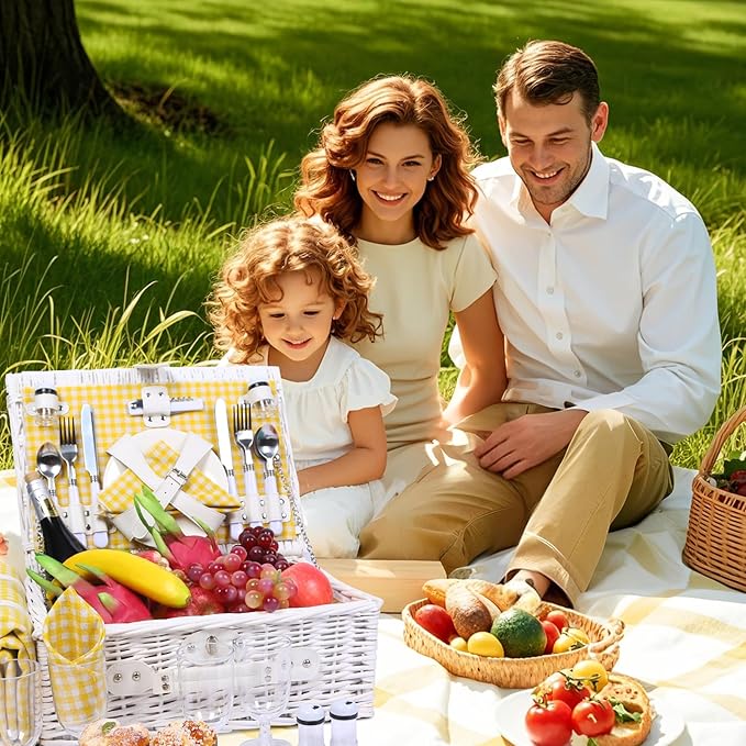 Picnic Basket Set for 4 with Waterproof Blanket Mat Insulation Bag Wicker White Yellow Light Fresh Gifts for Wedding Birthday Summer Camp Outdoor Camping Beach Travel Christmas Thanksgiving