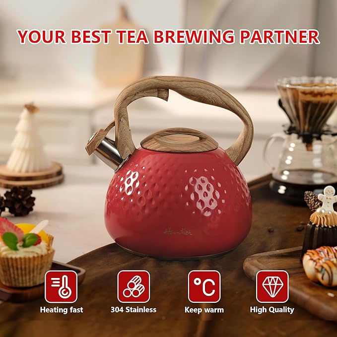 harriet Tea Kettle, Tea Pot for Stovetop, 2.5QT Whistling Kettle with 5-Layers bottom, Food Grade Stainless Steel Kettles with Hot-Resistant Handle Gas Electric Applicable, Red