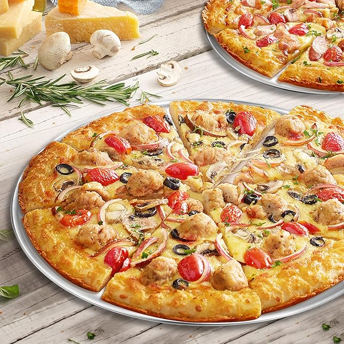 Deedro Stainless Steel Pizza Pan, 13 inch Round Pizza Baking Sheet, Healthy Pizza Baking & Serving Tray, Crisper Pan with Dishwasher Safe 2 Pack