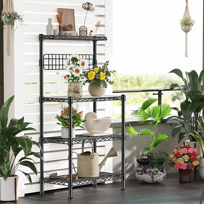 Leteuke Bakers Rack with Storage for Kitchen, NSF Certified 4-Tier Adjustable Coffee Cart Station with Wheels 10 S-Hooks Microwave Stand Kitchen Storage Shelf Metal Storage Rack 30 x 14 x 59 Inches, B