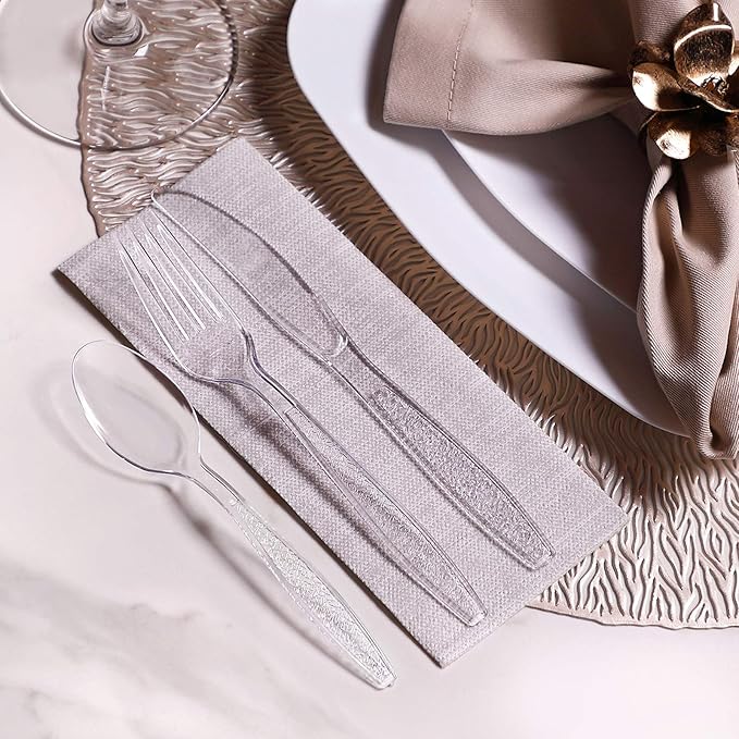 GUSTO [360 Combo Box] Clear Plastic Silverware, Heavy Weight Disposable Utensils - 180 Forks, 120 Spoons, 60 Knives, Perfect for Wedding, Parties and Events - (Formerly Comfy Package)