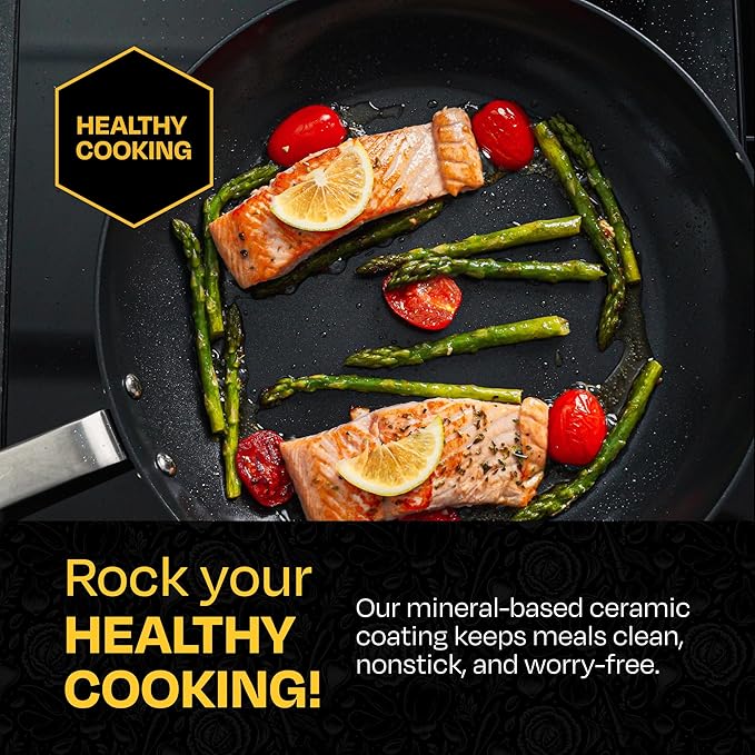 Guy Fieri's Flavortown 15-Piece Ceramic Cookware Set, Nonstick Pots and Pans for Cooking, Easy-Clean Kitchen Cookware, Made without PFAS PTFE PFOA, Induction Compatible, Oven & Dishwasher Safe, Black