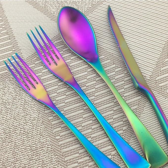 Rainbow Silverware Set, 6-Piece Stainless Steel Flatware Set Service for 1, Tableware Cutlery Set for Home and Restaurant, Knives Forks Spoons, Matte Finish, Dishwasher Safe (Rainbow)