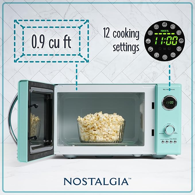 Nostalgia Retro Countertop Microwave Oven, 0.9 Cu. Ft. 800-Watts with LED Digital Display, Child Lock, Easy Clean Interior, Aqua