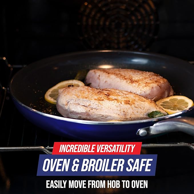 Blue Diamond Frying Pan 8” Skillet, Diamond Infused Healthy Ceramic Nonstick, PFAS and PFOA-Free, Dishwasher and Oven Safe, Even Heating, Metal Utensil Safe, Warp Control Base, Blue (Pack of 4)