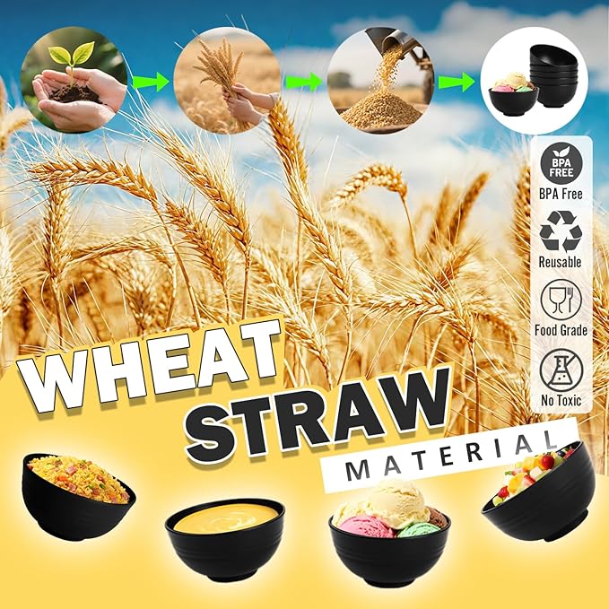 Wheat Straw Small Bowls Set of 6, Unbreakable 10 OZ Mini Dessert Bowls, Snack Bowl for Kitchen, Picnic, Microwave & Dishwasher Safe Bowl Set for Ice Cream, Fruits, Appetizer, Black