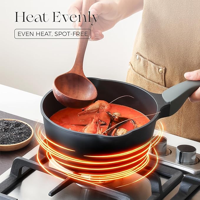 PRICUSIS Nonstick Saucepan with Lid, 2.7 Quart Non Toxic Pot with Pour Spouts, Full Coated, 100% Dishwasher Safe, Induction Compatible & Oven Safe, PTFE & PFOA Free, Black Sesame