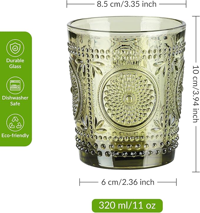 Joeyan Green Vintage Drinking Glasses,Embossed Small Sunflower Water Glass Tumbler,11oz Colored Boho Beaded Glassware for Beverages Juice Whisky Cocktail Beer Wine,Set of 6,Dishwasher Safe