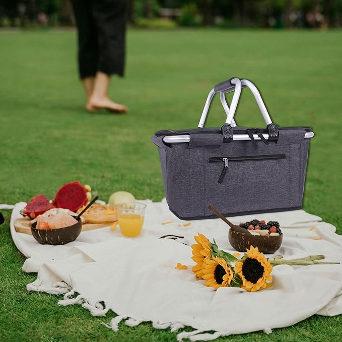 Picnic Basket, SIYUAN Collapsible Market Basket Insulted Cooler with Handles 27L Large Farmers Grocery Basket with Lid Portable Tote Bag, Black