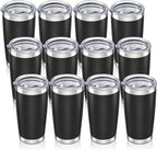 20 oz Tumbler with Lid Stainless Steel Insulated Tumblers Bulk Double Wall Vacuum Cups Powder Coated Travel Mug Keep Drinks Cold and Hot, Black, 12 Pack