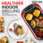 CUSIMAX Smokeless Indoor Grill, Electric Grill Griddle, 1500W Korean BBQ Grill with LED Smart Display & Tempered Glass Lid, Non-stick Removable Plate & Griddle Plate, Red