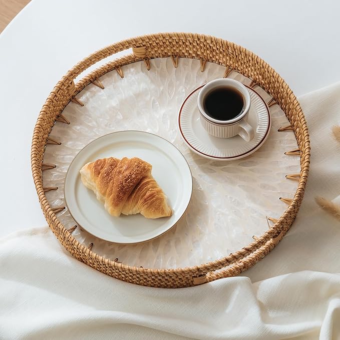 13.8 in Round Rattan Serving Tray with Handle, Mother of Pearl Inlay Wooden Base, Decorative Wicker for Table, Kitchen Island & Home Decor (White Leaf)