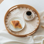 13.8 in Round Rattan Serving Tray with Handle, Mother of Pearl Inlay Wooden Base, Decorative Wicker for Table, Kitchen Island & Home Decor (White Leaf)