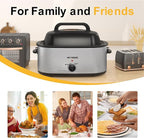 22 Quart Electric Turkey Roaster Oven with Self-Basting Lid Design, Large Stainless Steel Roaster Oven with Removable Pan & Rack, Silver