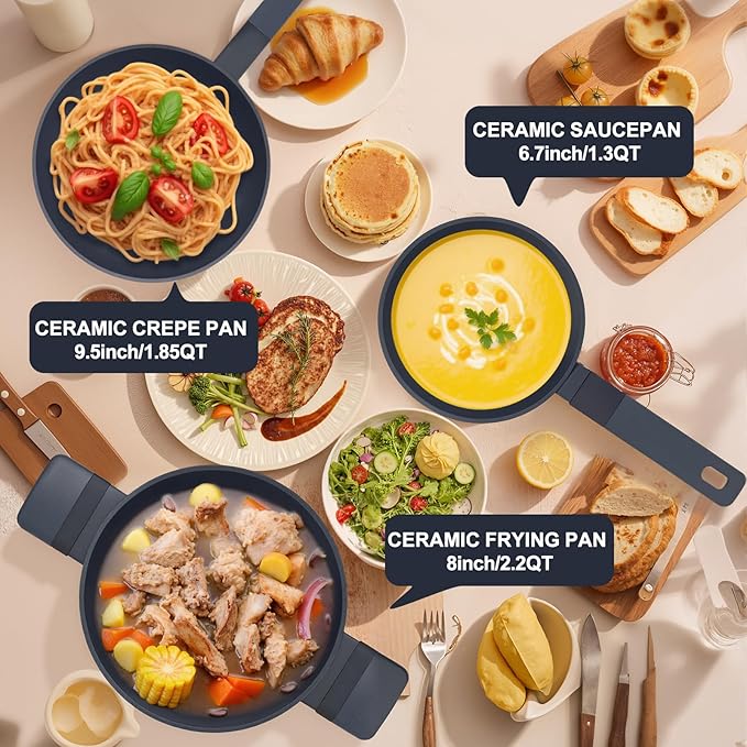 Nonstick Cookware Set Non Toxic, 3-Piece Pots and Pans Set, PFOA/PTFE Free, Induction Ready & Dishwasher Safe, Ceramic Coating for Easy Release