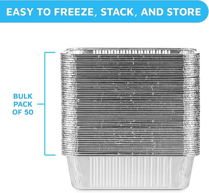 MontoPack Aluminum Disposable Loaf Pans | Deep Standard Size 8.5” x 4.5” Extra Thick Foil Bread Containers for Baking, Food Storage & Takeout | Eco-Friendly & Recyclable | Bulk 50-Pack 2 Pound Trays